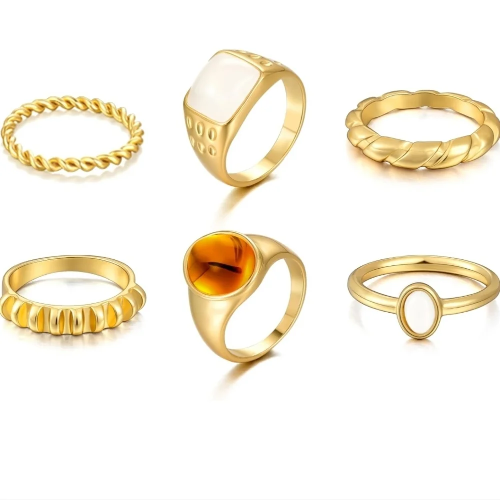 Gold Tone Mixed Stone Stackable Rings - White & Amber Accents 6 Pc Women's Acces
